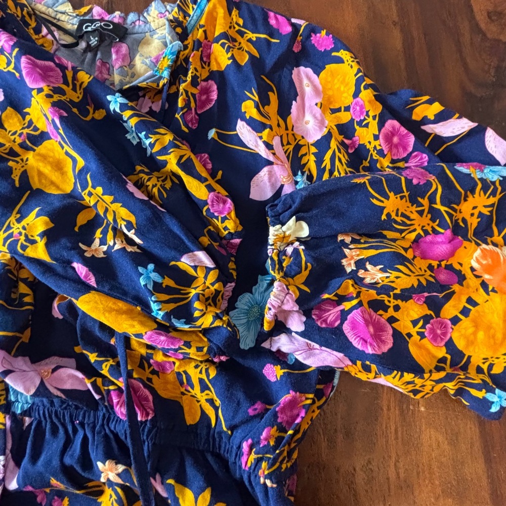 GIGIO Navy Blue Floral Boho High-Low Midi Dress Tie Neck 3/4 Sleeve Womens Large - Picture 10 of 10